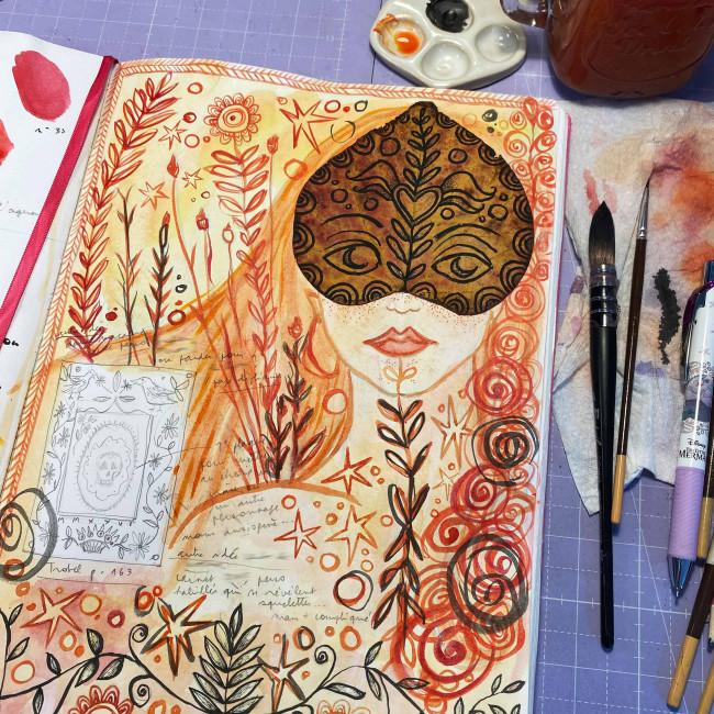 Page de mon carnet de croquis remplie à l’aquarelle
