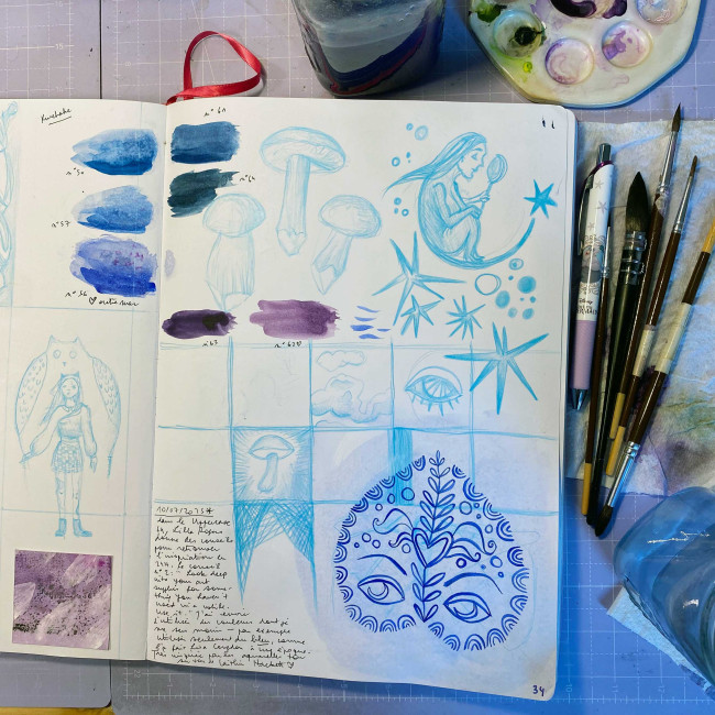 Carnet de croquis, dessins avec des tons bleus