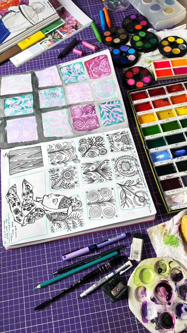 Croquis et recherches inspirées par les motifs et costumes bretons