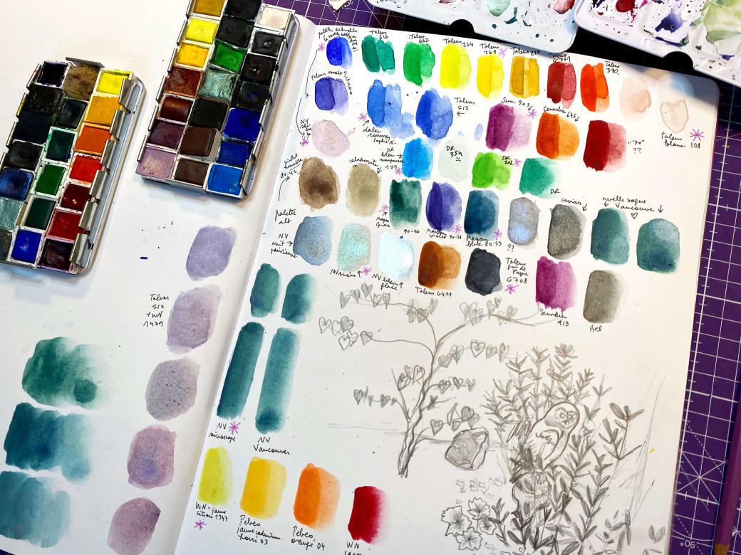 Échantillonnage de peinture aquarelle et croquis.