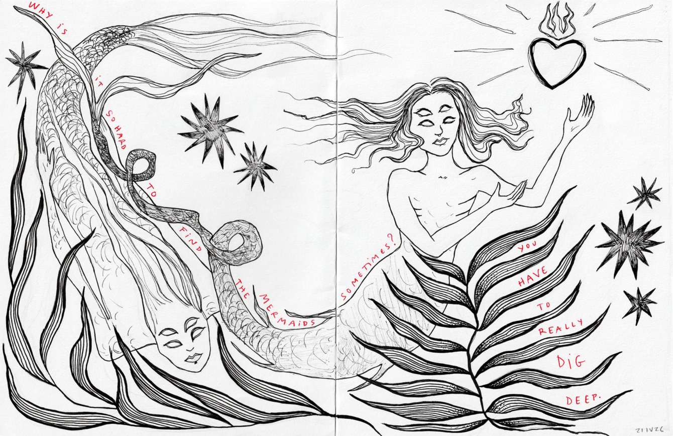 Dessin avec deux sirènes parmi des algues.